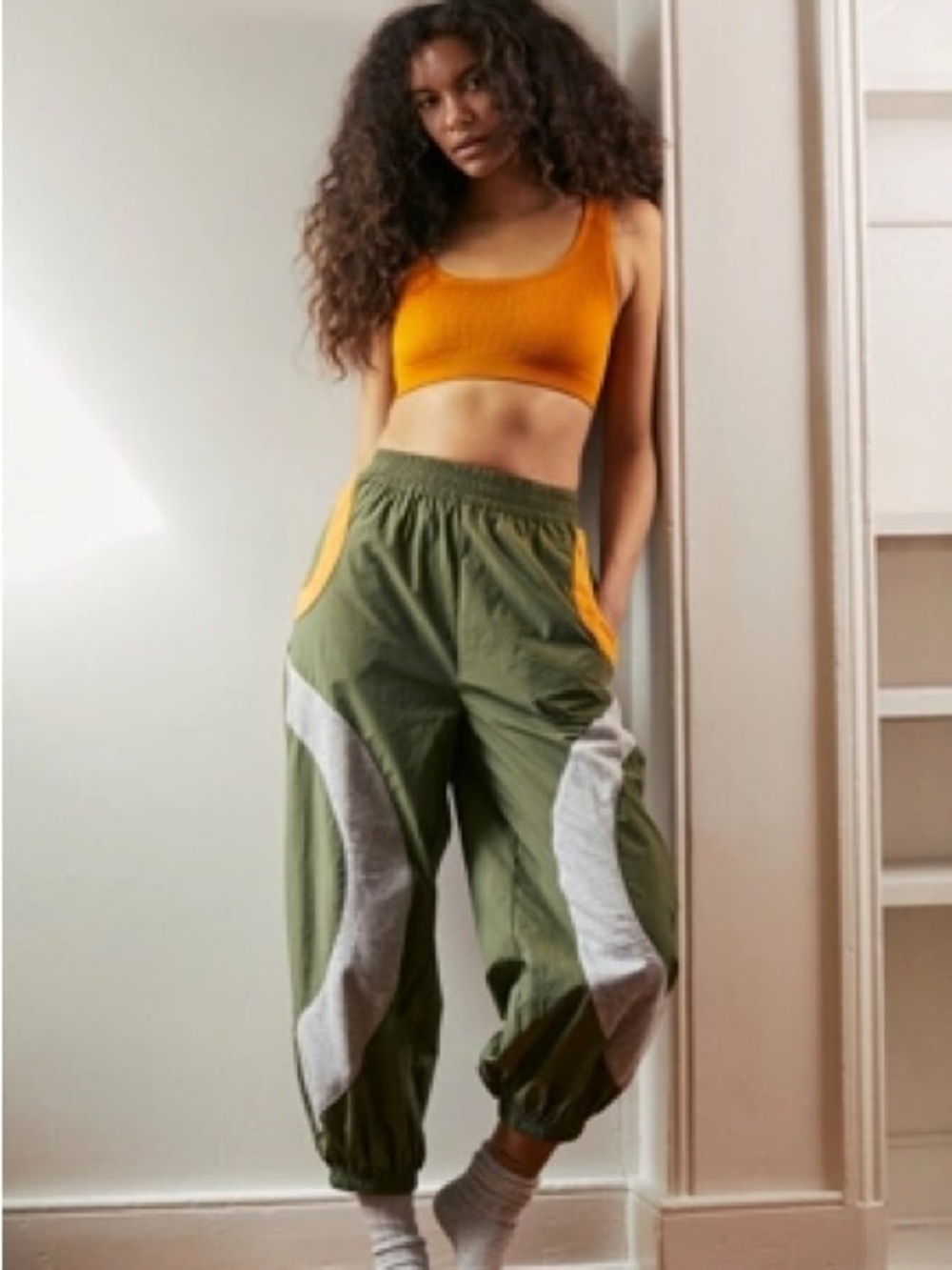 Urban Outfitters Olive Green Track Pants with Gray Panels & Orange Pockets